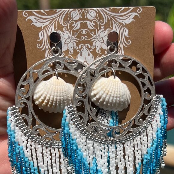 Handmade Beaded Large Long Tassel Fringe Dangle Drop Mermaid Post Shell Earrings - Picture 4 of 9